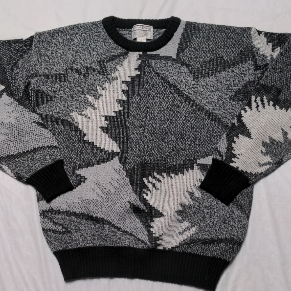 Vintage 90s Black Grey Geometric Print Grandpa Crewneck Sweater Sz XL